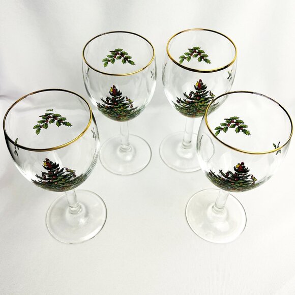 Spode Christmas Tree Vintage Wine Glasses Holiday Goblets Gold Trim 12 oz 4pcs - Picture 4 of 12